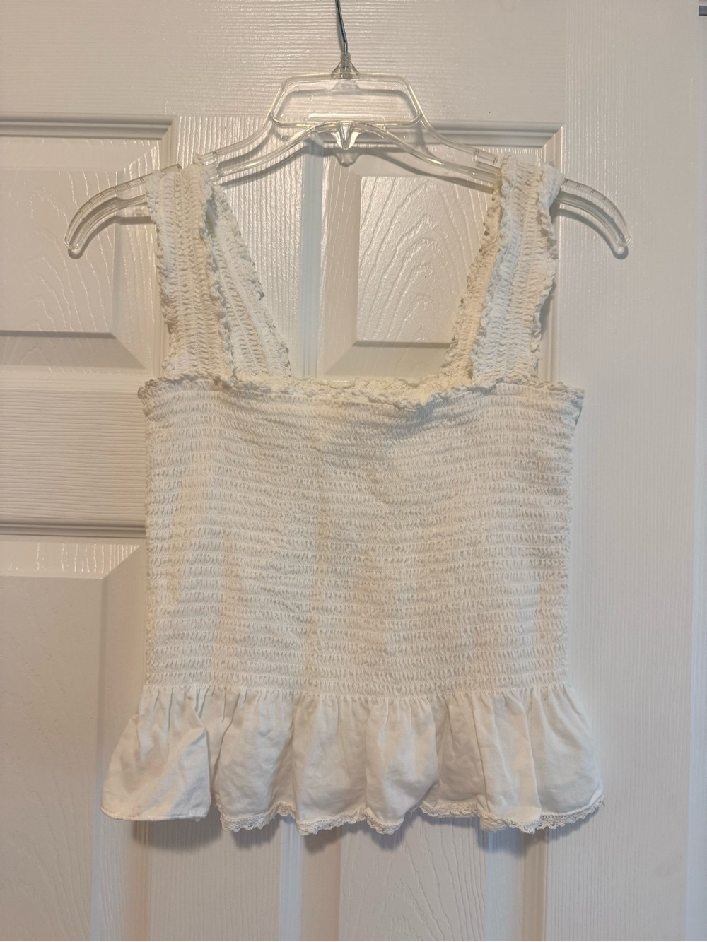 Reformation White Smocked Tank with Ruffle Hem